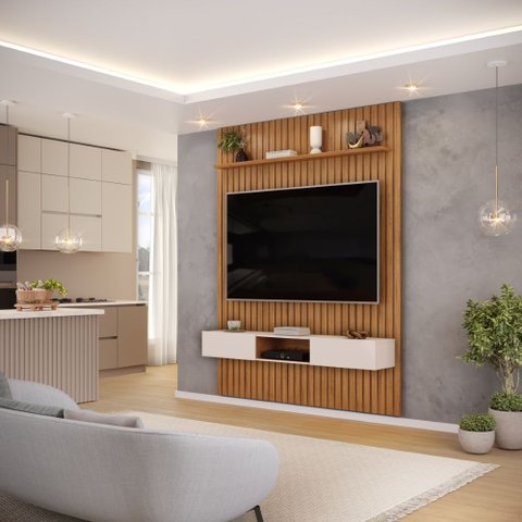 Conjunto com Painel Ripado e Bancada Suspensa 183cm Trento Sala de Estar Freijó Off White DJ Móveis