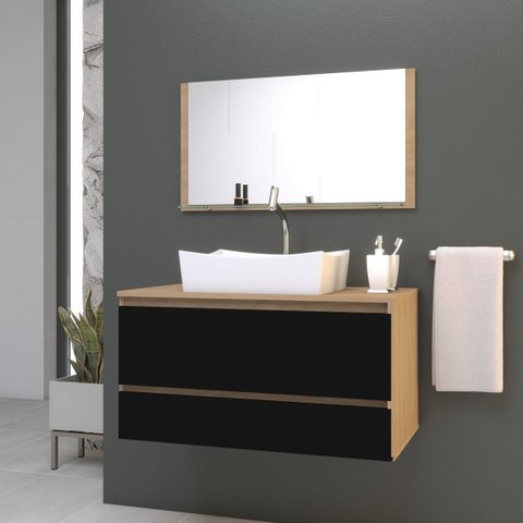 Gabinete Banheiro Grécia 80 Cm Armário com Cuba e Espelheira:preto