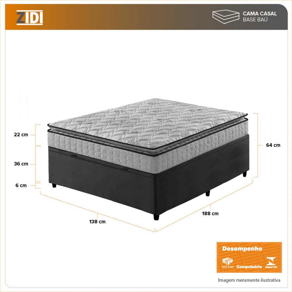 Cama Box Baú Casal Preto + Colchão Ortopédico Espuma D33 Pillow Top Hanover One 138x188x64cm - 3