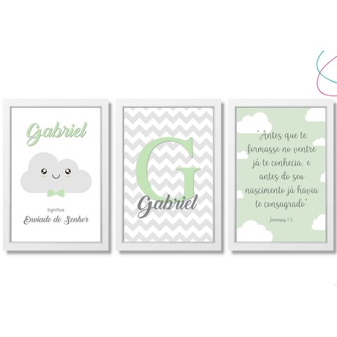 Kit com 3 Quadros Decorativos Infantil Nuvem Verde C/moldura: Branca