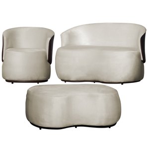 Kit 1 Poltrona 1 Namoradeira e 1 Puff Grande Design Orgânico Beatriz Veludo Composê Corino Marrom - 