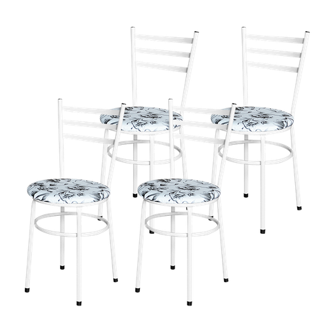 4 Cadeiras para Mesa Epoxi Branca Assento Floral:floral Branco