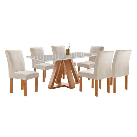 Mesa Kyra 170CMX90CM 6 Cadeiras Canela Tampo Smart Plus Vidro Off White