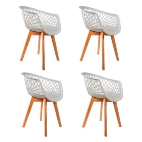 Kit 4 Cadeiras Web Wood Branca com Pés de Madeira e Metal Moderna e Ergonômica