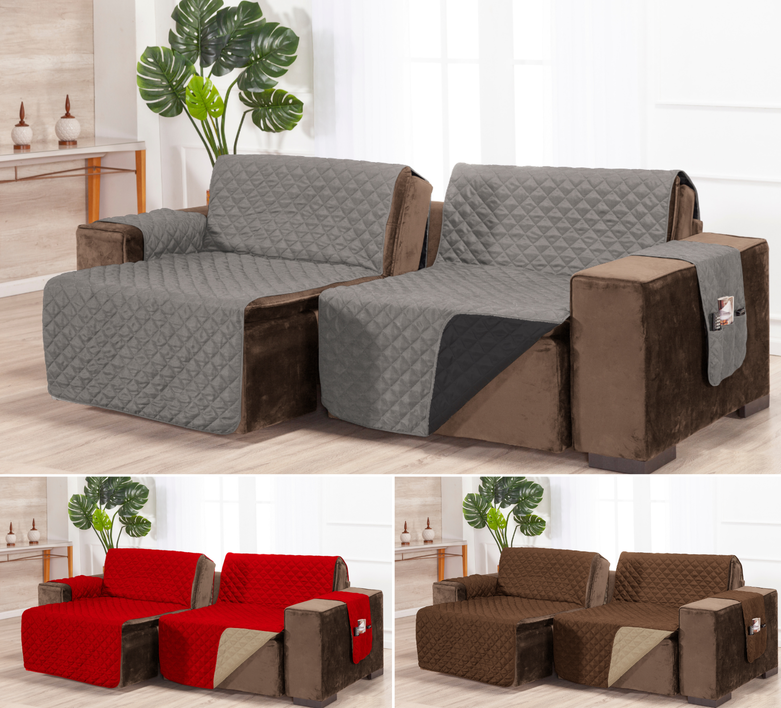Protetor de sofá retratil matelado tamanho grande 4 e 5 lugares 2,2m cinza preto - 1