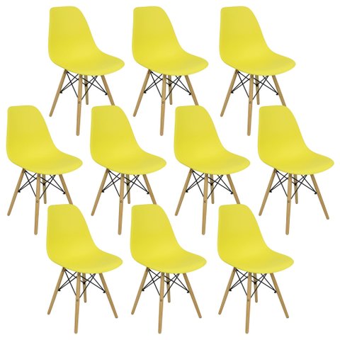 Kit 10 Cadeiras Charles Eames Eiffel Dsw - Base de Madeira Clara - Amarelo Multicolorido
