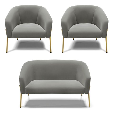 Sofá Namoradeira e 2 Poltronas Pé de Ferro Dourado Stella Suede Grafite D03 - D'Rossi