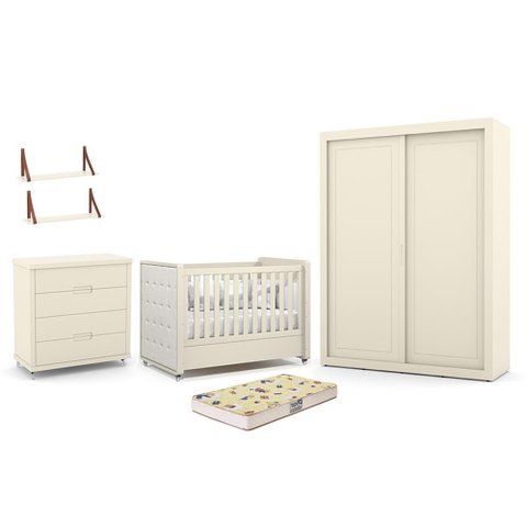 Dormitório Tutto 2 Portas, Cômoda, Berço Off White com Capitonê, Colchão Supreme e Prateleiras