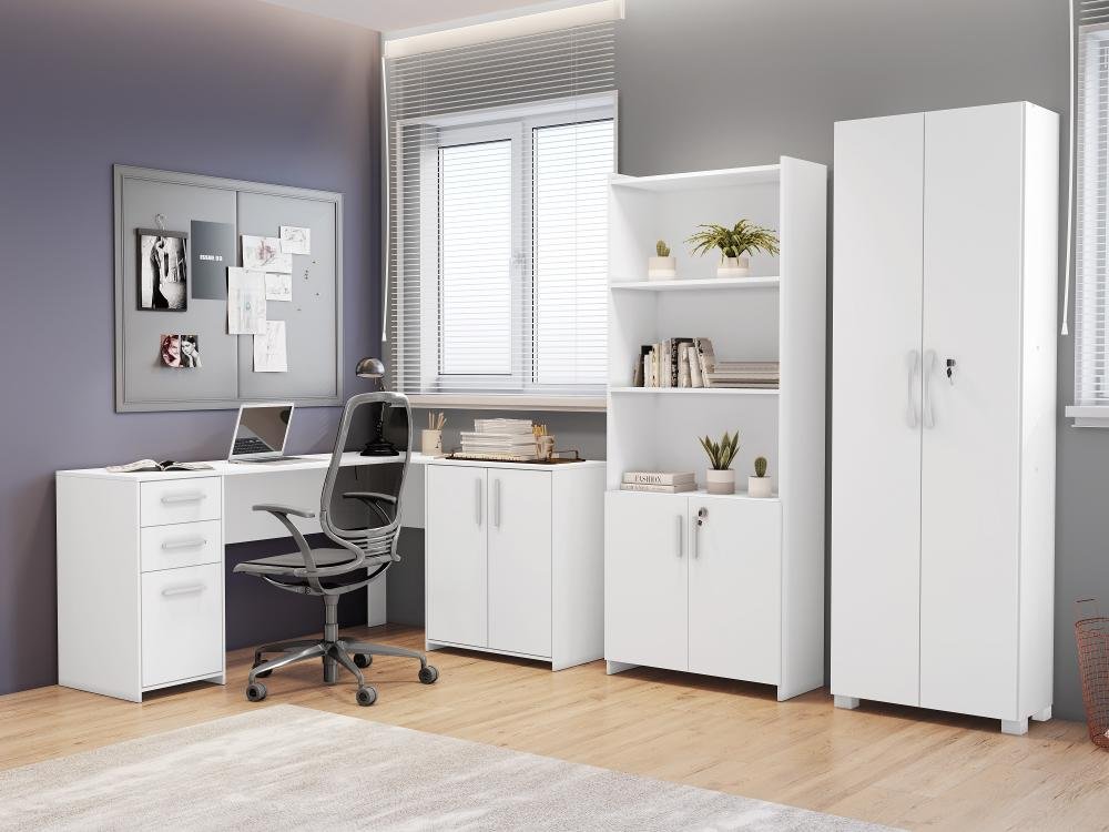 Conjunto Para Escritório 1 Mesa de Canto 2 Armários Altos Branco Notável Móveis Menor preço em Conjunto Para Escritório 1 Mesa de Canto 2 Armários Altos Branco Notável Móveis