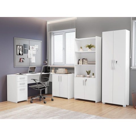 Conjunto Para Escritório 1 Mesa de Canto 2 Armários Altos Branco Notável Móveis