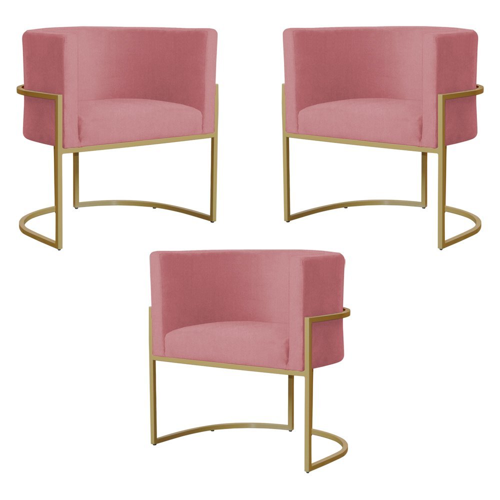 Kit 3 Poltronas Decorativa Sala de Estar Luana Base Gold Suede Rosa - Montanaris Decor Md Montanaris - 1