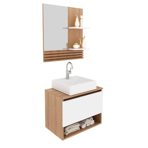 Kit Banheiro com Cuba e Espelheira Amêndoa Mármore Branco Tecno Mobili