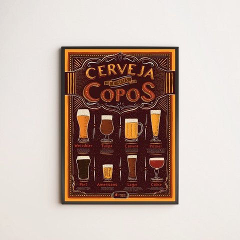 Quadro A Cerveja e Seus Copos 24x18cm - com vidro:Madeira preta