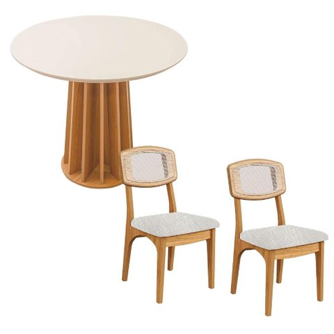 Mesa Redonda Jantar Base Ripada C/ 2 Cadeiras Estofadas Mdf Cor:off White com Freijó e Tweed Claro