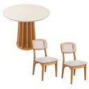 Ver imagem 1 de Mesa Redonda Jantar Base Ripada C/ 2 Cadeiras Estofadas Mdf Cor:off White com Freijó e Tweed Claro