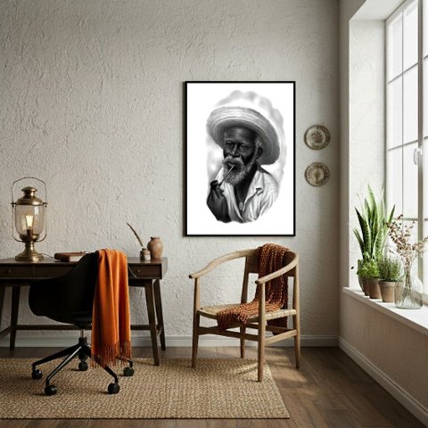 Quadro Decorativo Arte Preto Velho P&b- 70x50cm:moldura Preta