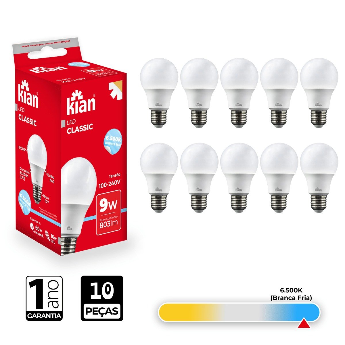 Lâmpada Led Bulbo Kian 9w 6500k Branca Fria 10 Peças - 2