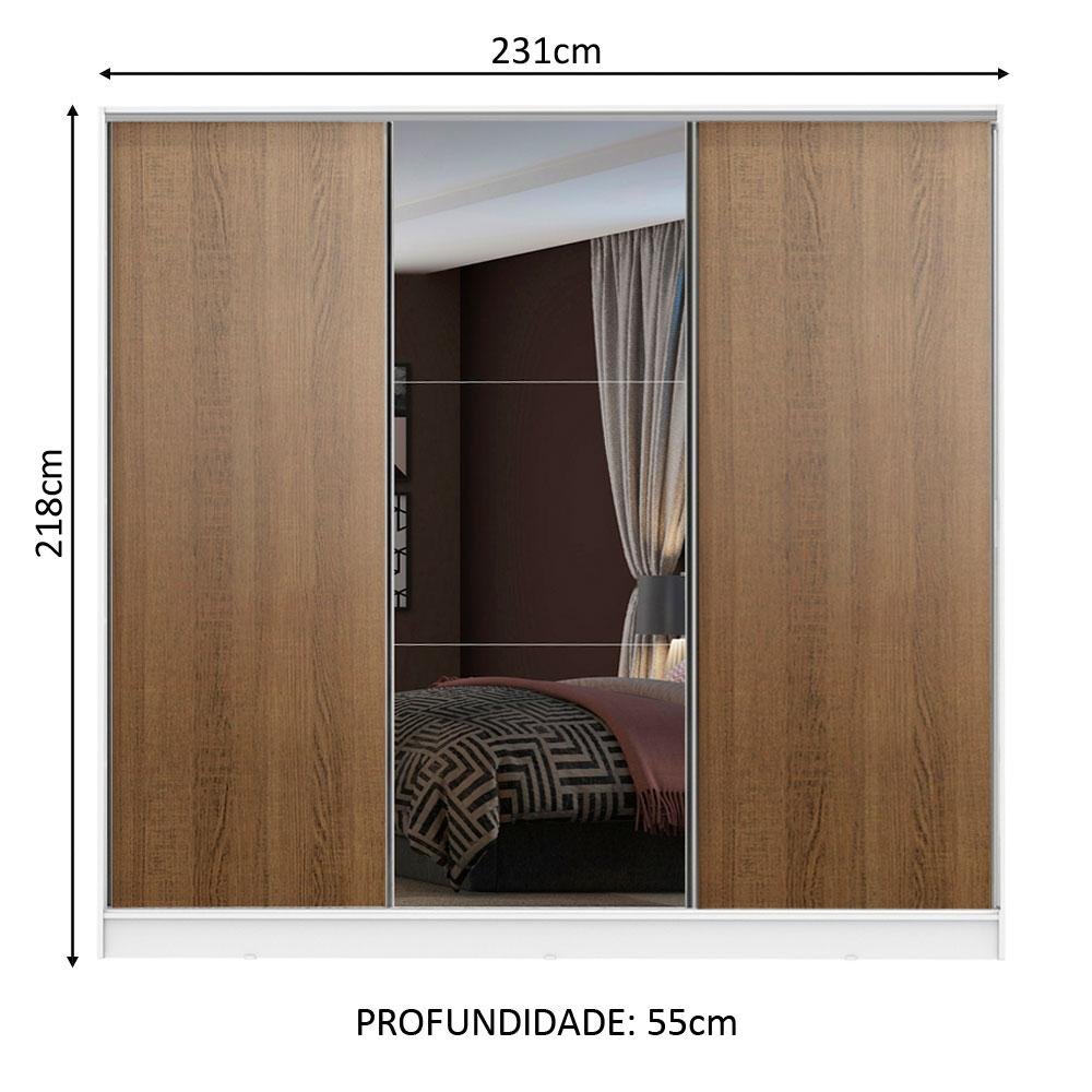 Guarda Roupa Casal 100% Mdf Madesa Zurique 3 Portas de Correr com Espelho - Branco/rustic - 3