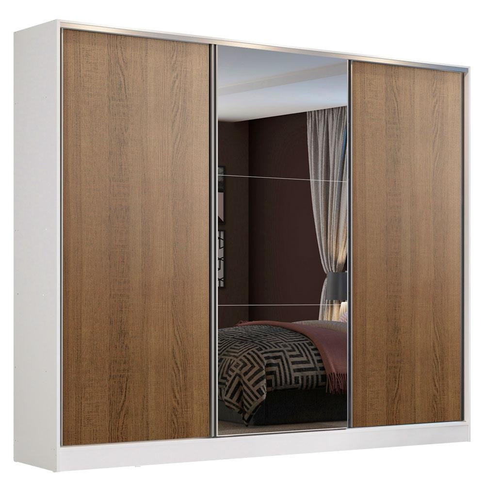 Guarda Roupa Casal 100% Mdf Madesa Zurique 3 Portas de Correr com Espelho - Branco/rustic - 2