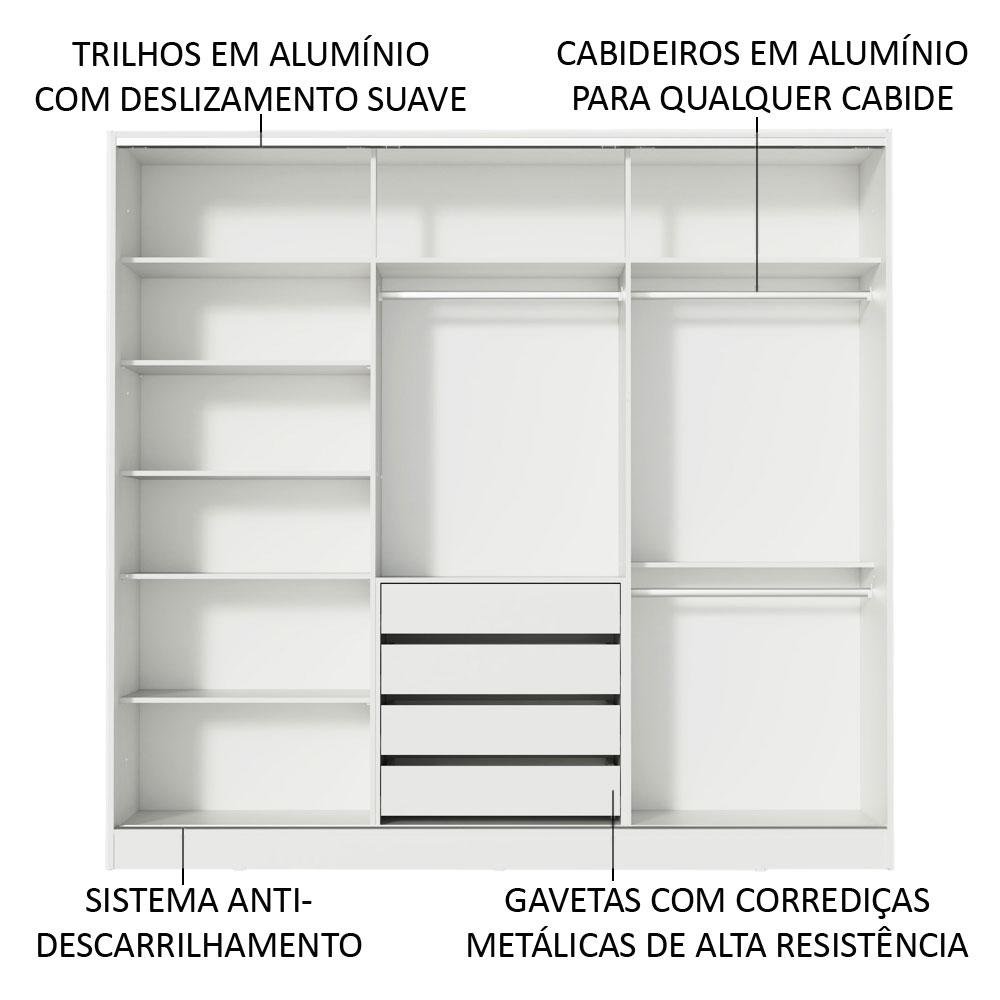 Guarda Roupa Casal 100% Mdf Madesa Zurique 3 Portas de Correr com Espelho - Branco/rustic - 5