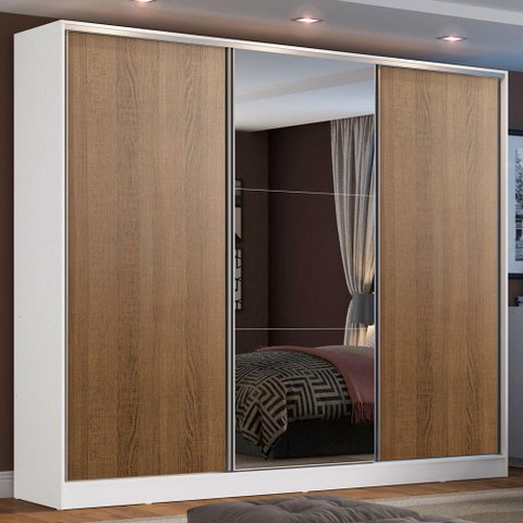 Guarda Roupa Casal 100% Mdf Madesa Zurique 3 Portas de Correr com Espelho - Branco/rustic