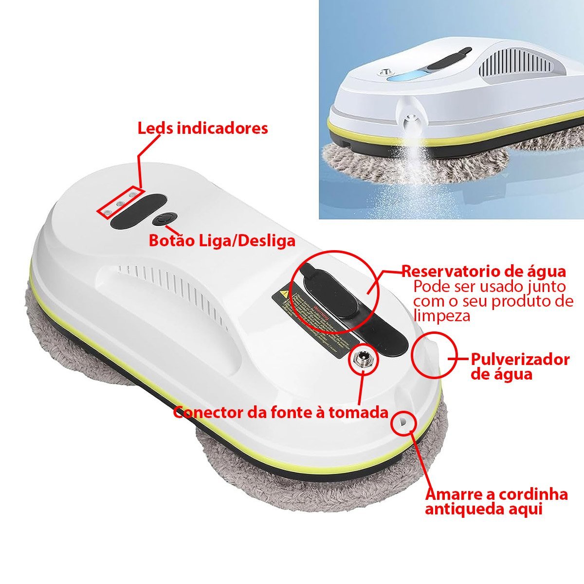 Robo Inteligente Limpeza Controle Reservatorio Limpa Vidro Janela Vidraça Espelho Azulejo Box 90W Re - 5