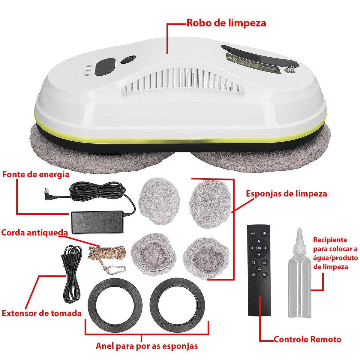 Robo Inteligente Limpeza Controle Reservatorio Limpa Vidro Janela Vidraça Espelho Azulejo Box 90W Re - 7