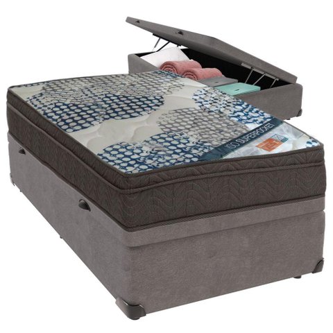Cama Box Baú Cinza e Colchão Iso Superpocket Molas Ensacadas Solteiro Ortobom