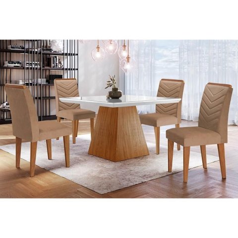 Conjunto: Mesa Sala Jantar Luna C/ Tampo Madeirado C/ Vidro Canto Curvo 90x90cm e 4 Cadeiras