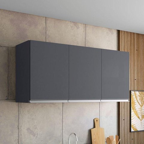 Armário Aéreo Caleus 120cm 3 Portas MDP Porta Bater Cinza Fosco AJL Móveis
