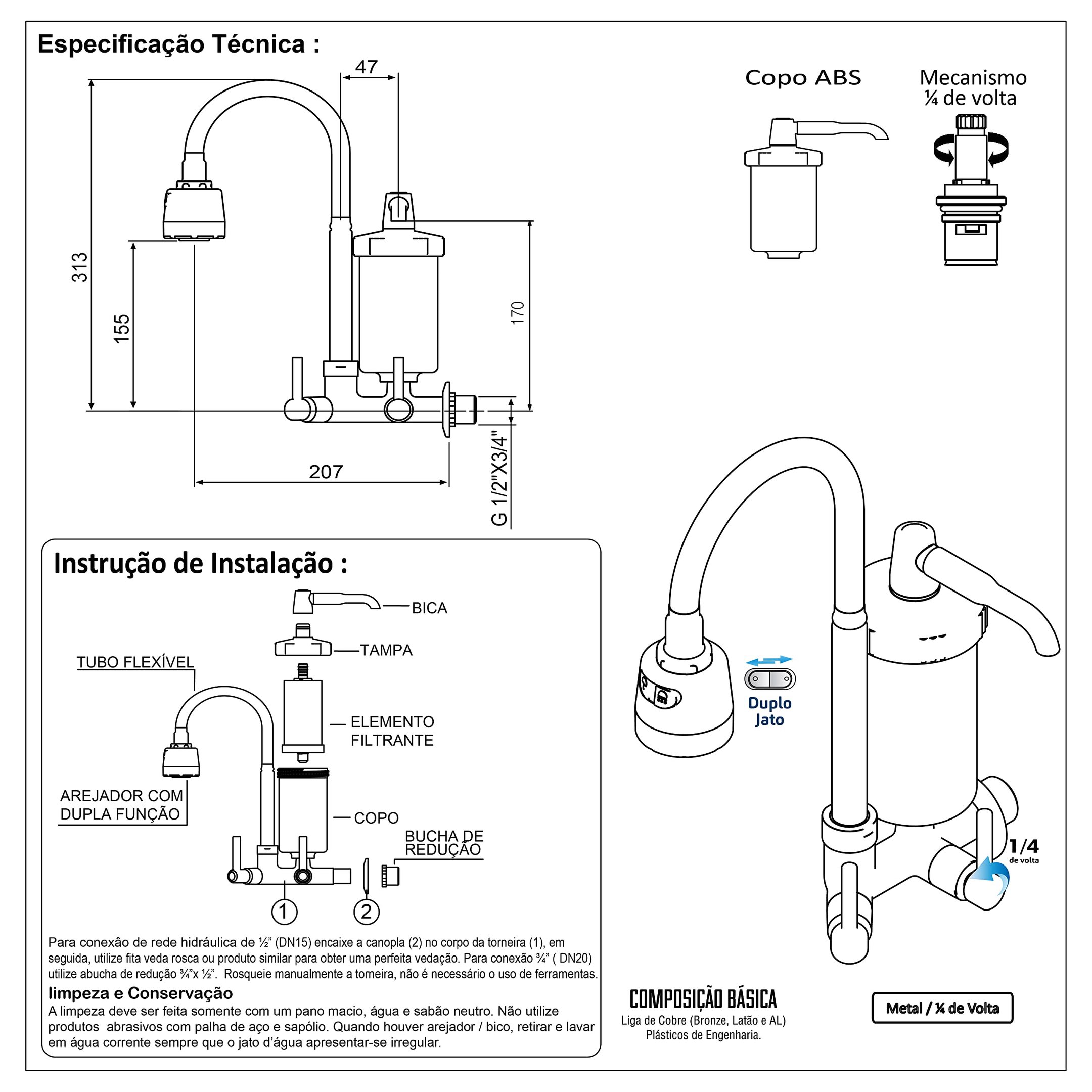 Torneira com Filtro Gourmet Pia Cozinha de Parede + 3 Refil - 1