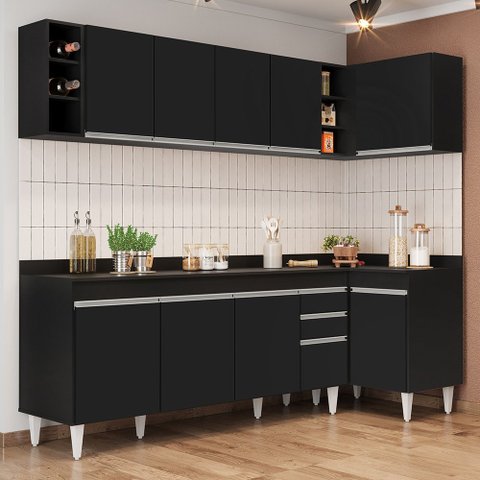 Armário de Cozinha Modulado de Canto Esquerdo 5 Peças Cp53 Balcão com Tampo Preto - Lumil Lumil Móve