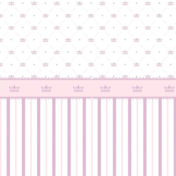 Papel De Parede Listrado Rosa E Lilas Com Coroa Infantil - 1