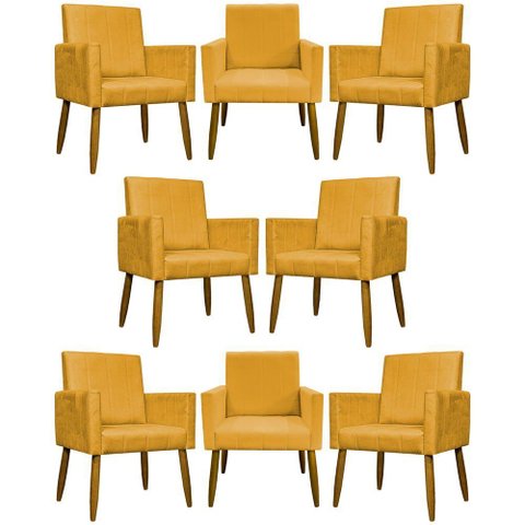 Kit 8 Poltronas Decorativas Mari Pé Palito Castanho - Mostarda Suede