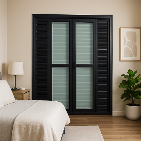 Porta Balcão de Alumínio Preto 6 Folhas 210x200 com Fechadura Linha 25