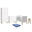Ver imagem 1 de Dormitório Infantil Theo Retrô 2 Portas, Cômoda, Berço, Mesa de Apoio Branco com Pés Amadeirado e Co