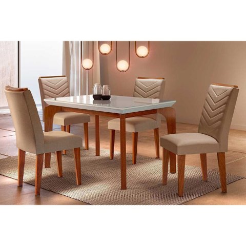 Sala de Jantar Completa Londrina C/ Tampo Madeirado Vidro Canto Reto 120x80cm e 4 Cadeiras Londrina