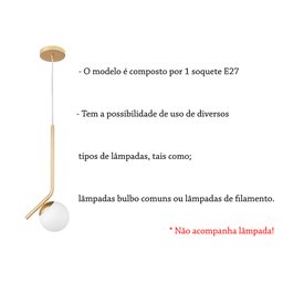 2 Pendente Bola Vidro Branco E27 Haste Diagonal Dourado Moderno Lup15 - 3