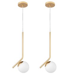 2 Pendente Bola Vidro Branco E27 Haste Diagonal Dourado Moderno Lup15 - 1