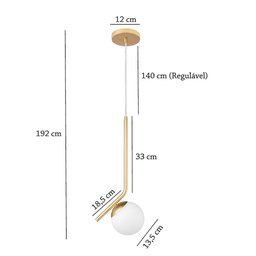 2 Pendente Bola Vidro Branco E27 Haste Diagonal Dourado Moderno Lup15 - 4
