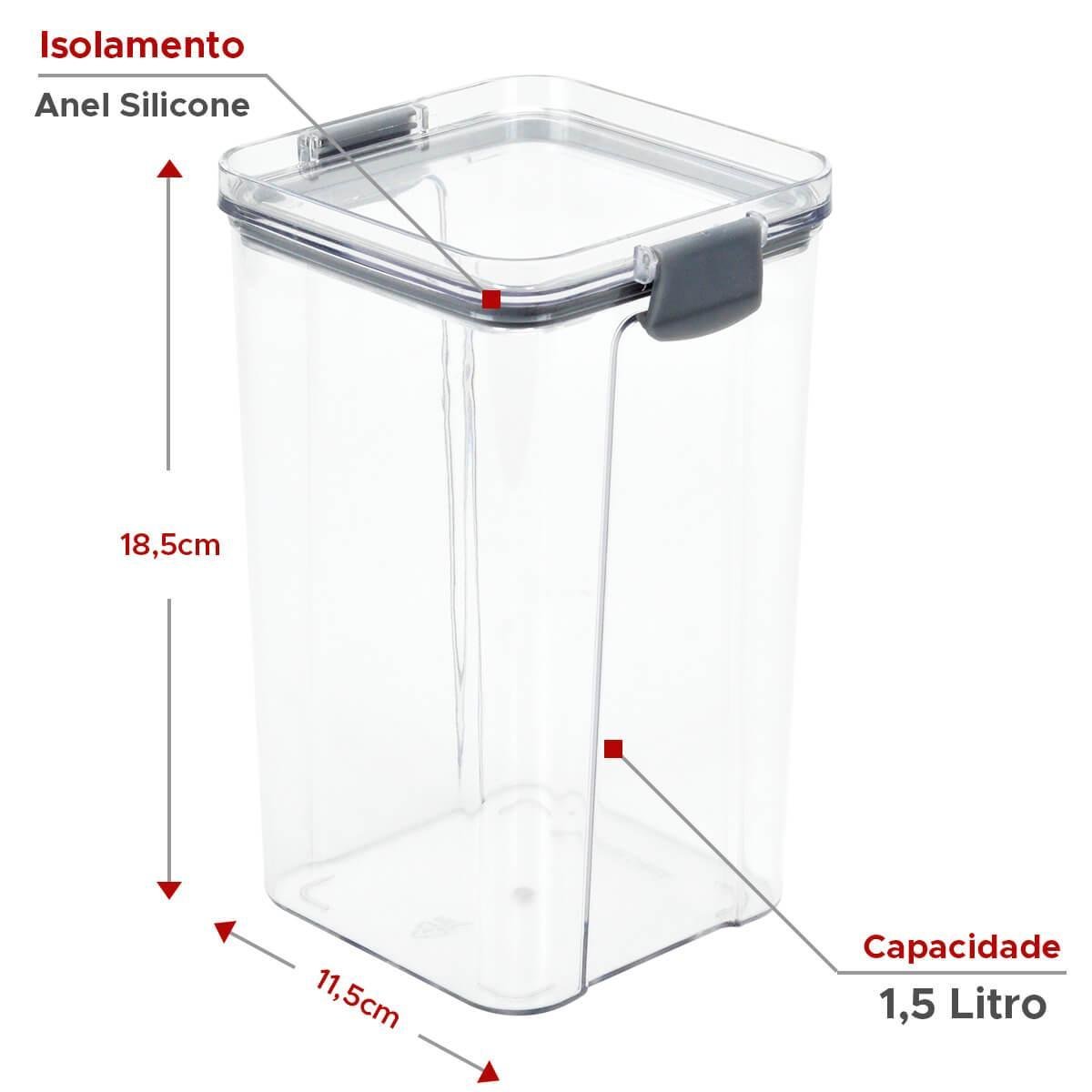 Pote Hermético Quadrado Transparente Com Trata 1,5L Cinza - 2