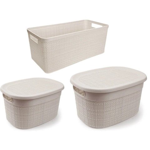 Kit Cesto Caixa Organizador Vime Plástico Rattan 3 Peças - Nitron