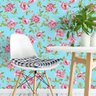 Papel de Parede Floral Fundo Azul e Detalhes em Verde e Rosa - 1