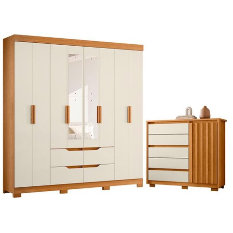 Guarda Roupa Casal Doble 08 Portas com Espelho e Cômoda Sapateira Duetto Cinamomo Off White - Móveis