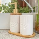 Ver imagem 2 de Kit Lavabo Banheiro Bambu Porta Sabonete Líquido Escova 887