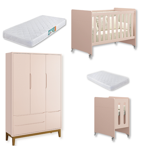 Quarto de Bebê Berço Evolution + Guarda Roupa Infantil 3P e 2g Rosa Classic 02 Colchoões