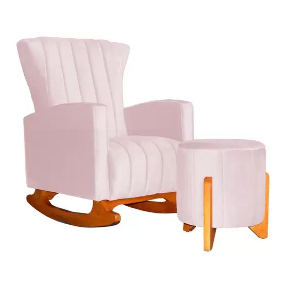 Kit Poltrona Amamentação Balanço + Puff Suede Rosa Bebê - Vallisa Decor