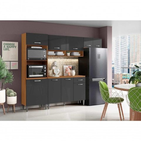 Cozinha Compacta Atenas 9 Portas 1 Gaveta MDP 249,7cm Cinamomo Grafite Aramóveis