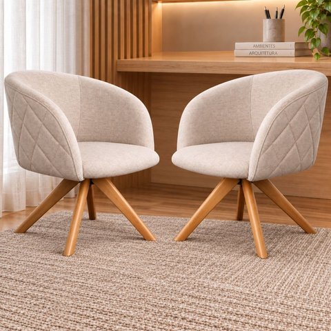 Kit 2 Poltronas Giratória Linho Premium Base Madeira Maciça Maya