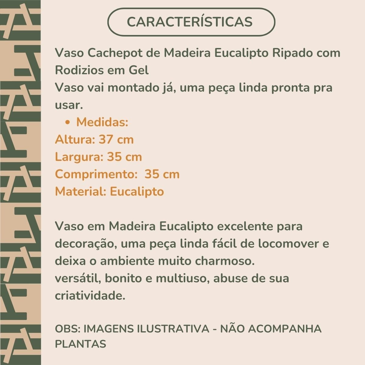 Vaso Cachepot Ripado de Madeira Eucalipto com Rodízio Decoração - 3